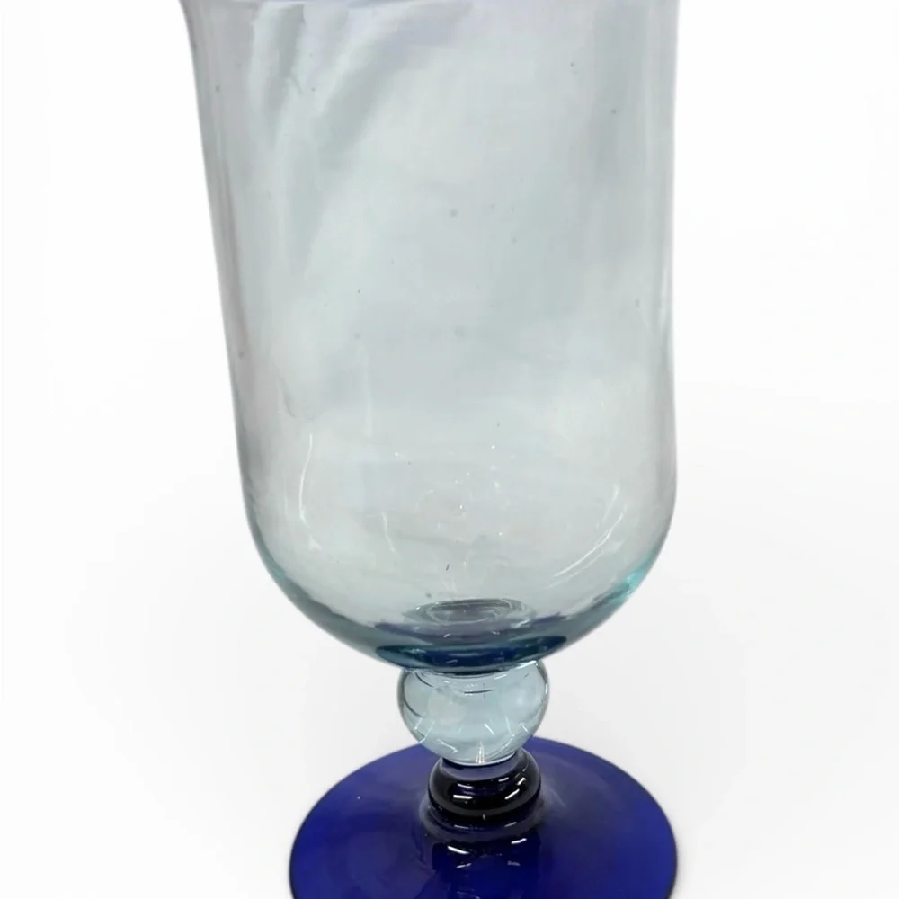 Vintage Cobalt Blue Rim Glass Goblets Set of 2 Hand Blown Glass Elegant Barware